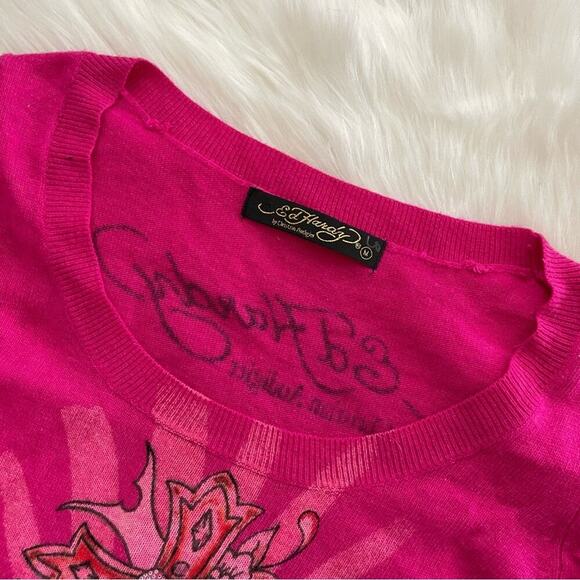 Vintage Ed Hardy Magenta Pink Rhinestone Tattoo Scoop Neck Wool Tunic Sweater M - Picture 5 of 6
